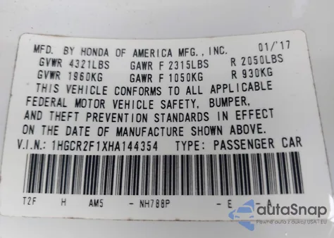 2017 Honda Accord Sport Se из США, поврежденный, VIN 1HGCR2F1XHA144354